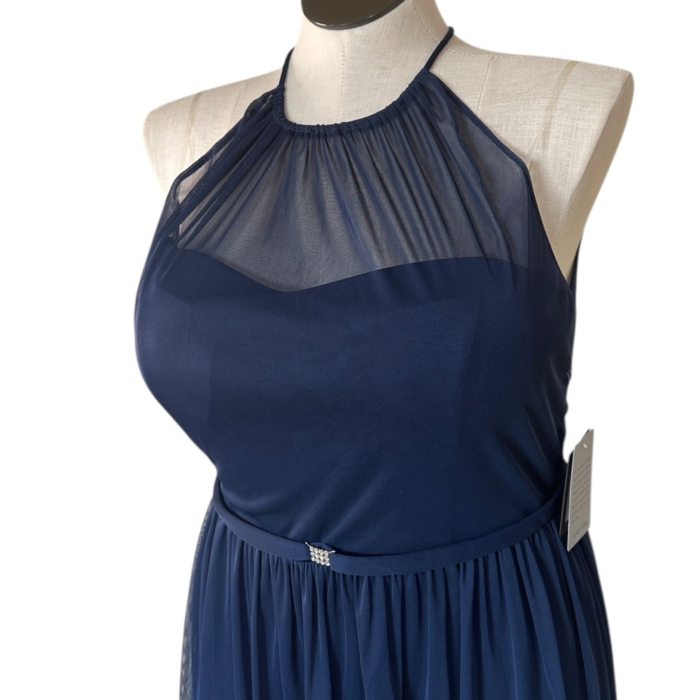 NWT Marina cocktail dress Blue Rhinestone detail belt sheer overlay Sz 16 - Picture 5 of 12